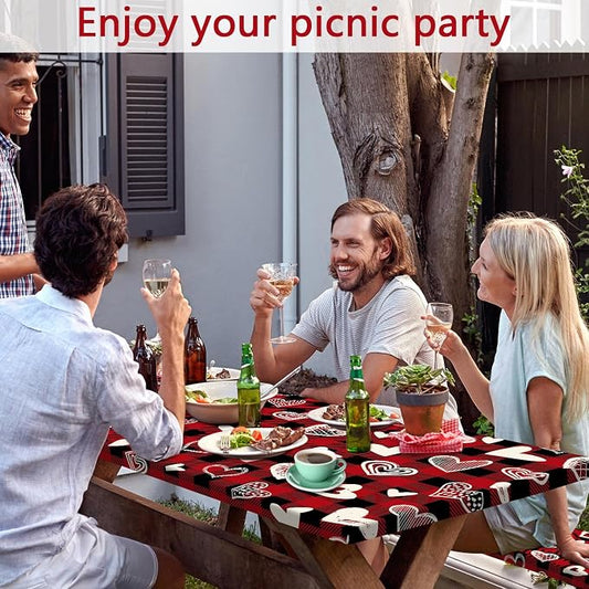 Valentines Day Picnic Table Cover with Bench Covers, Camping Essentials, Heart Buffalo Plaid Outdoor Table Covers, Waterproof Windproof, Fitted Tablecloth Cover with Elastic Edge, 3 PCS, 30x96 Inch