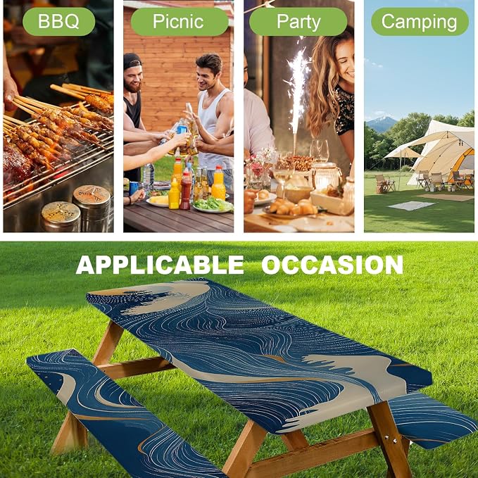 ANNA QUEEN Modern Abstract Art 6FT Picnic Table Cover with Bench Covers Set of 3 with Drawstring Bag, Blue Gold Lines 72"x30" Waterproof Picnic Tablecloth & Bench Covers for Patio Garden