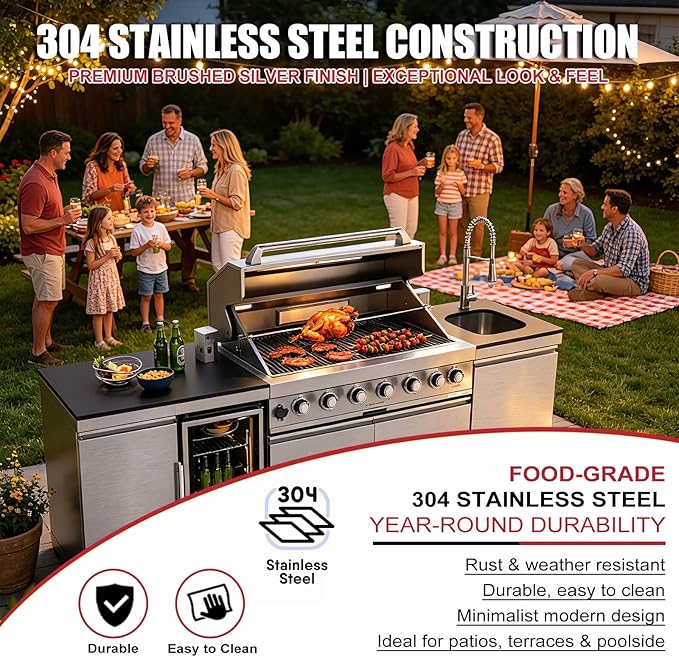 Outdoor Kitchen Island, 85,000 BTU 6 Main Burners, 304 Stainless Steel Propane Gas Grill, Prefab BBQ Island Station with Rotisserie Kit, 68L Fridge, Sink & Granite Countertops