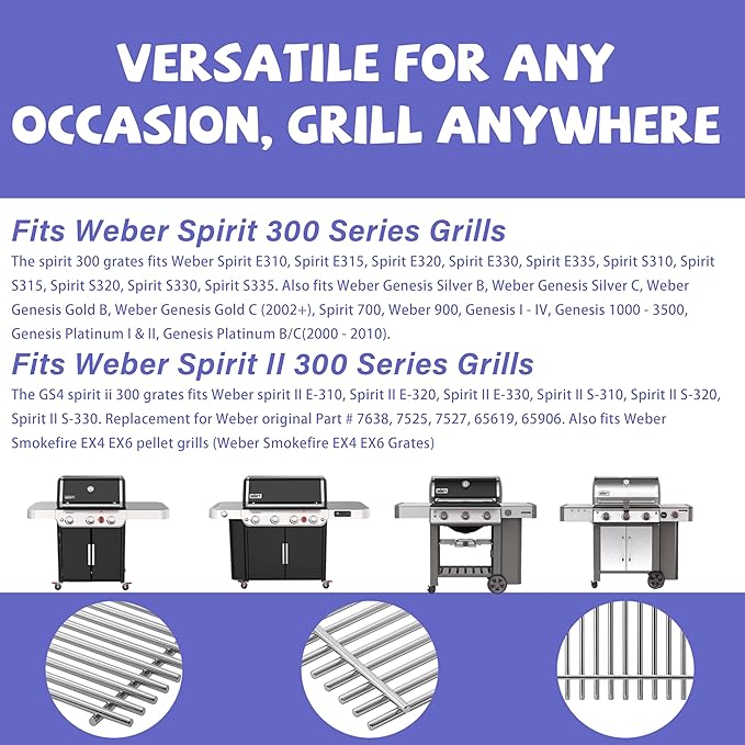 2 Pack 17.5 Inch Stainless Steel BBQ Cooking Grill Grates Replacements for Weber Spirit 300 Series,GS4 Spirit II 300 Series,Spirit 700,Genesis Silver/Gold/Platinum B/C,Genesis 1000-3500,7638,7639