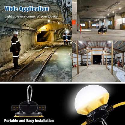 LED Construction String Light 50FT, 50W 6000Lm,18AWG Wire,5000K Linkable String Work Lights with 5 Bulbs & Hooks, Industrial Temporary Lighting for Construction Site, Crawl Space,Job Site,Attic