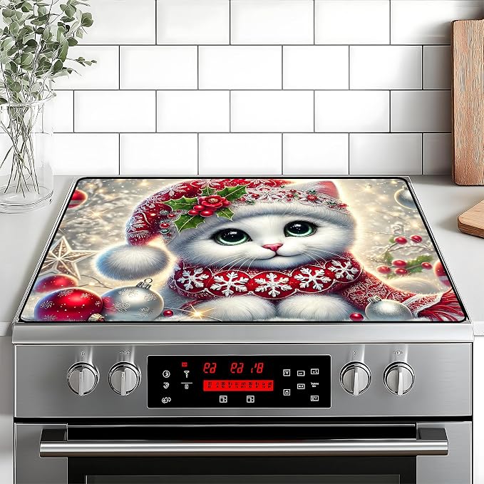 Christmas Stove Top Cover Snowman Stove Top Cover for Home Decoration Kitchen Pad Non-Stick Washable Cooktop Covers Countertop Protector Keep Stove Clean 28"x20" (Cat)