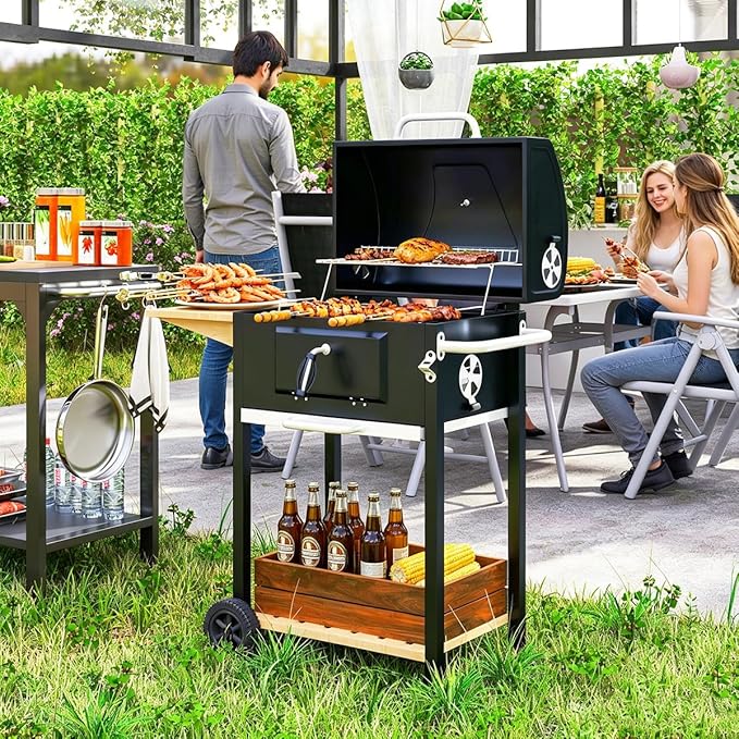Portable Charcoal Grill with Foldable Side Shelf & Bottom Shelf, BBQ Smoker with Wheels and Adjustable Lid Vents for Picnic, Camping, Backyard Cooking (37" W x 20.5" D x 42.1" H)