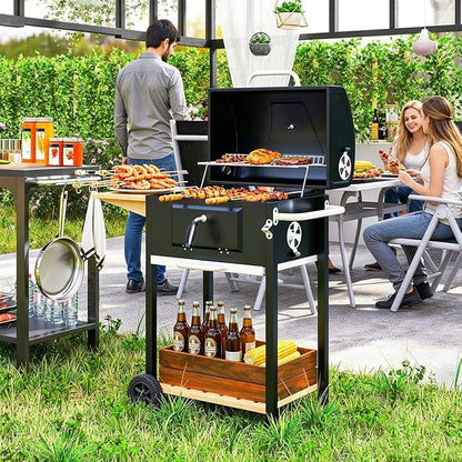 Portable Charcoal Grill with Foldable Side Shelf & Bottom Shelf, BBQ Smoker with Wheels and Adjustable Lid Vents for Picnic, Camping, Backyard Cooking (37" W x 20.5" D x 42.1" H)