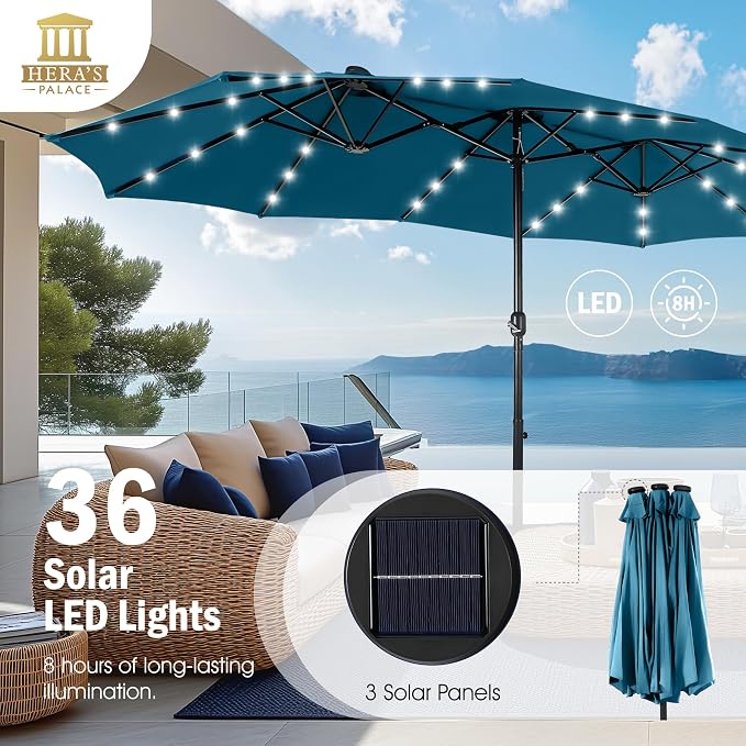 15ft Patio Umbrella with Solar lights & Base, Large Umbrellas, Cerulean | HERA'S PALACE Rectangle Double Market Umbrella with 36 LED Lights, Big Outdoor Umbrellas for Pool Picnic Inground Yard Deck