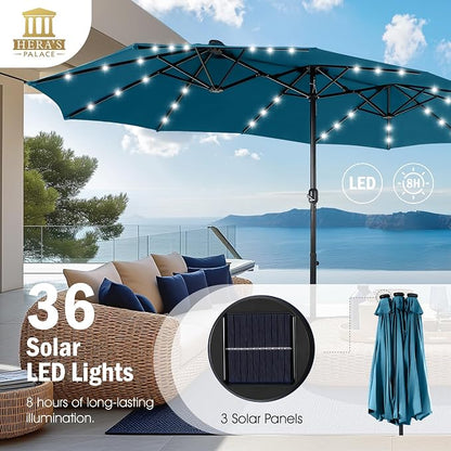 15ft Patio Umbrella with Solar lights & Base, Large Umbrellas, Cerulean | HERA'S PALACE Rectangle Double Market Umbrella with 36 LED Lights, Big Outdoor Umbrellas for Pool Picnic Inground Yard Deck