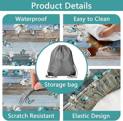 Floral Picnic Table Cover with Bench Covers, Camping Essentials, Wooden Flower Butterfly Waterproof Windproof, Fitted Tablecloth Cover with Elastic Edge, for Indoor, Outdoor, 3 PCS, 30x72 Inch