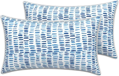 LVTXIII 2 Pack Outdoor Lumbar Pillow Covers 12x20 Inch with Piping, Water-Repellent Back Cushion Covers ONLY for Patio Furniture, Sofa, Garden Bench, A Pebble Blue