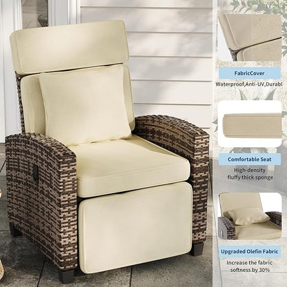 Garvee Outdoor Recliner Chair, 145° Adjustable Backrest & Footrest Lounge Chair with Removable Cushion and Flip-Up Side Table, All-Weather PE Wicker & Steel Frame for Poolside, Deck, Balcony, Khaki