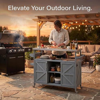 50" Outdoor Kitchen Island Grill Cart with 201 Stainless Steel Top, Solid Fir Wood, Modular Design, Internal Storage & Adjustable Shelves, 4 Lockable Wheels, 400LBS Capacity for Patio BBQ, Blue