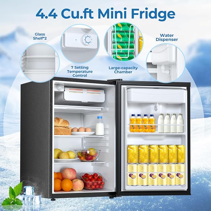 Electactic Compact Refrigerator 4.4 cu.ft mini fridge with Water Dispenser, Single Door Refrigerator with Adjustable Temperature Settings, Low noise, for Bedroom, Office, Dorm Black