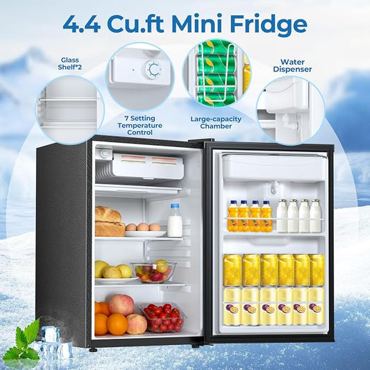 Electactic Compact Refrigerator 4.4 cu.ft mini fridge with Water Dispenser, Single Door Refrigerator with Adjustable Temperature Settings, Low noise, for Bedroom, Office, Dorm Black