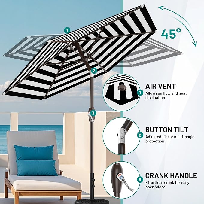 AreShark 7.5FT Patio Umbrella Table Market Umbrella w/Tilt and Crank, Heavy-Duty Outdoor Umbrellas for Pool, Deck, Garden and Backyard, Black & White Stripe