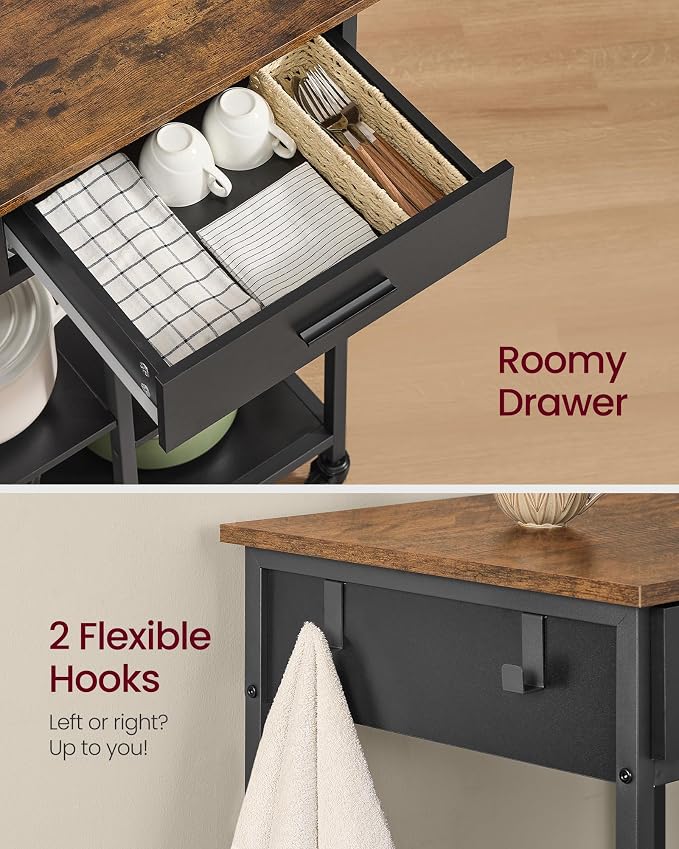 VASAGLE Kitchen Rolling Island, Mobile Kitchen Cart with Storage on Wheels, 17.7 x 23.6 x 35.4 Inches, Drawer, 2 Hooks, for Dining Room, Rustic Brown and Ink Black UKKI007KD01