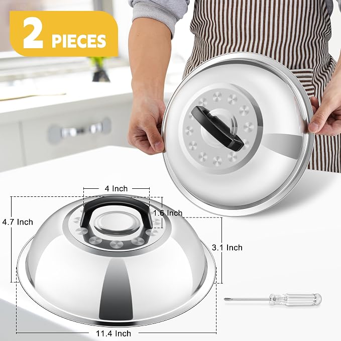 11.4 Inch Cheese Melting Dome, HaSteeL Round Stainless Steel Basting Steaming Cover, Metal Griddle Lid for Indoor & Outdoor Cooking Grilling, Non Toxic & Rust Free, Dishwasher Safe, Plus a Screwdriver
