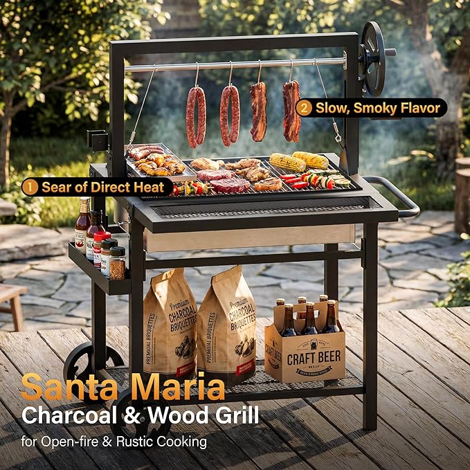 Sophia & William Argentine Santa Maria Wood Fire & Charcoal BBQ Grill with Adjustable Height Grates, Large Open Fire Grill for Outdoor Patio Backyard Gaucho Grilling