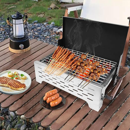 Portable Charcoal Grill, Folding Camping Grill, Barbecue Desk Tabletop Outdoor Stainless Steel Smoker BBQ for Camping, Picnics, Gatherings, Parties, And Traveling