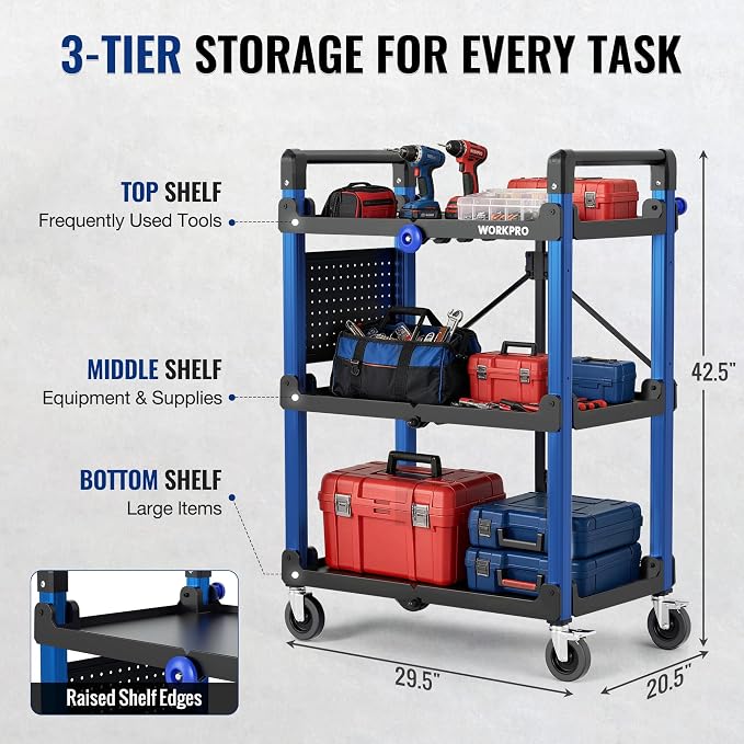 WORKPRO Heavy Duty 3-Tier Utility Cart, 450 LBS Folding Cart with Wheels | Built-In Pegboard & Hooks Keep Tools Organized, Collapsible Design with Carry Handle for Garage, Workshop, Warehouse & Home