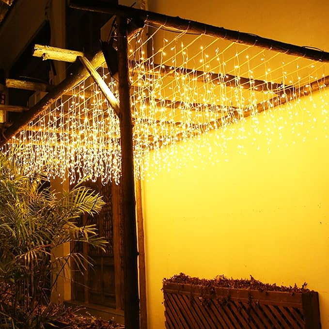 LED Icicle Lights, 8 Modes 16.4FT 112 LEDs Christmas Short Curtain Fairy Hanging Ceiling Extendable Lights for Wedding Balcony Doorway Outdoor Indoor Decoration Warm White, 5M04
