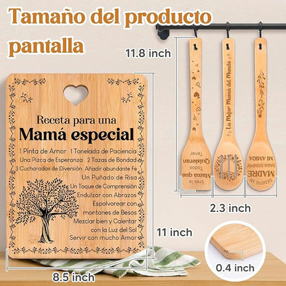 Regalos de cumpleaños para mamá - "Receta para una mamá especial". Juego de tablas de cortar y utensilios de bambú grabados. Regalos de cumpleaños para mamá. Spanish Mom Cutting Board