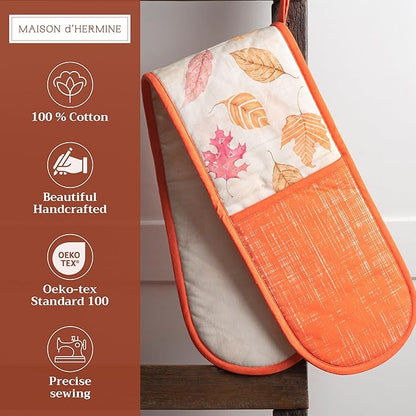 Maison d' Hermine Double Oven Mitt (7" x 35") 100% Cotton Heat Resistant BBQ Cooking Gloves with Loop for Thanksgiving Christmas Decorations Baking Cooking Handling Hot Pan (Colours of Autumn)
