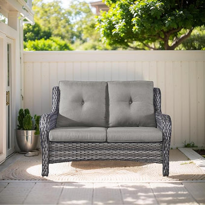 Outdoor Loveseat Sofa-2 Seater Rattan Wicker Patio Couch High Back Patio Sofa for Porch Deck Backyard-Greywicker/Grey