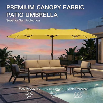 Kingdura 15ft Large Patio Umbrella with Solar Lights, Double-Sided Rectangle Lighted Outdoor Table Umbrella with Base Included, 12 Reinforced Ribs, 48 Led Lights, Crank Lift for Market Pool Deck Backyard, Yellow