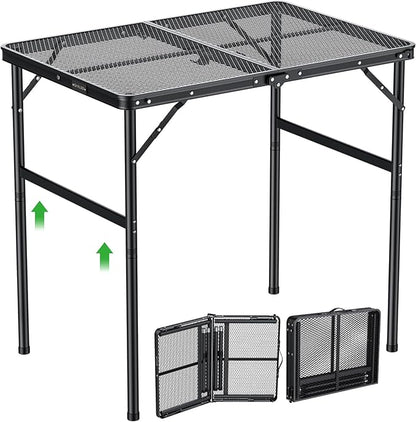 GARLLEN Folding Grill Table, 2-Height Adjustable Folding Camping Table with Heat-Resistant Wider Tabletop, Portable Aluminum Outdoor Tables for BBQ, Camping, Picnic, 35" L x 21.65" W, Black