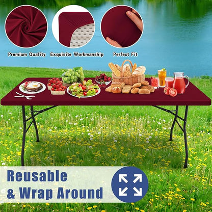 Moosfor Spandex 4 Foot Rectangle Table Cloth, Elastic Fitted Tablecloths for Picnic, Stretch Washable Patio Table Cover for Outdoor, Camping, Banquet and Parties (Wine Red, 24"x48")