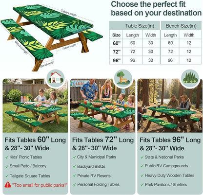 Picnic Table Cover Bench Covers Camping Essentials Tablecloth | Waterproof Vinyl for Outdoor, Windproof Elastic Fitted Edges, RV BBQ Accessories Must Haves, Storage Bag Included