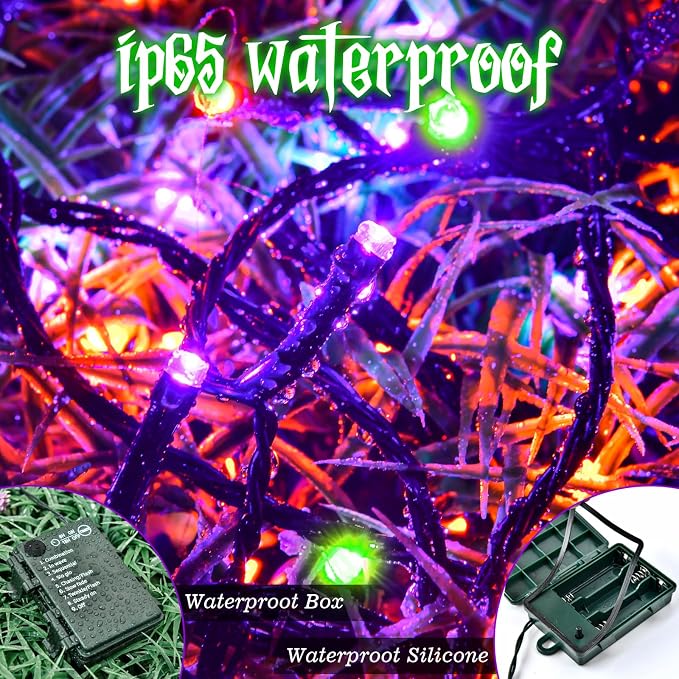 Halloween Lights String Total 100LED Battery Operated Outdoor 8 Modes with Timer 16.4Ft*2, 50LED*2 Waterproof Fairy Lights Indoor for Halloween Decor, Orange&Purple&Green, 2-Pack