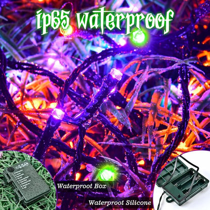 Halloween Lights String Total 100LED Battery Operated Outdoor 8 Modes with Timer 16.4Ft*2, 50LED*2 Waterproof Fairy Lights Indoor for Halloween Decor, Orange&Purple&Green, 2-Pack