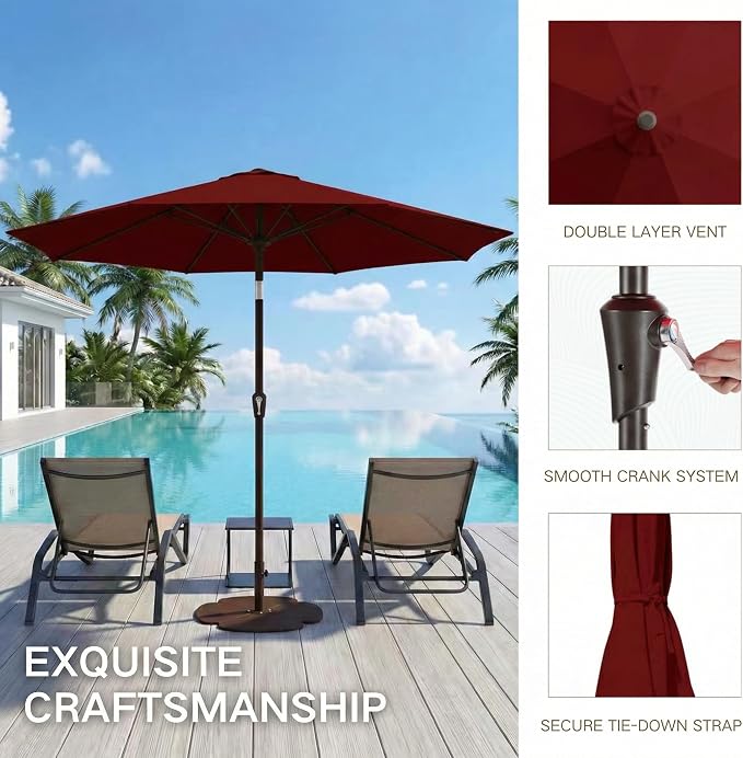 Kingdura 9FT Outdoor Patio Umbrella, Round Market Table Umbrella with Push‑Button Tilt and Crank Lift, 8 Sturdy Metal Ribs, UV50+ Protection Canopy for Backyard, Lawn, Deck, Poolside, Garden (Dark red)