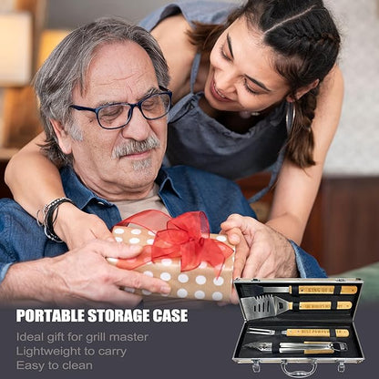Poppy Gifts from Grandkids Fathers Day, Heavy Duty Wooden BBQ Grilling Accessories Kit for Backyard, Poppy Thick Stainless Steel Grill Utensils with Non-Slip Handle Tools in Portable Bag Birthday