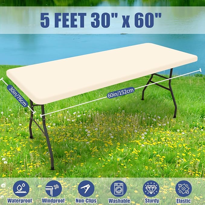 Moosfor Spandex 5 Foot Rectangle Table Cloth, Elastic Fitted Tablecloths for Picnic, Stretch Washable Patio Table Cover for Outdoor, Camping, Banquet and Parties (Champagne, 30"x60")
