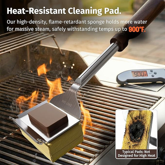 East Oak Bristle-Free Grill Brush, 2mm Thick Stainless Steel Rod, Heat-Resistant Aramid Sponge Head (900°F), Steam Cleaning Brush with Scraper, Safe for Cast Iron & Stainless Steel Grates