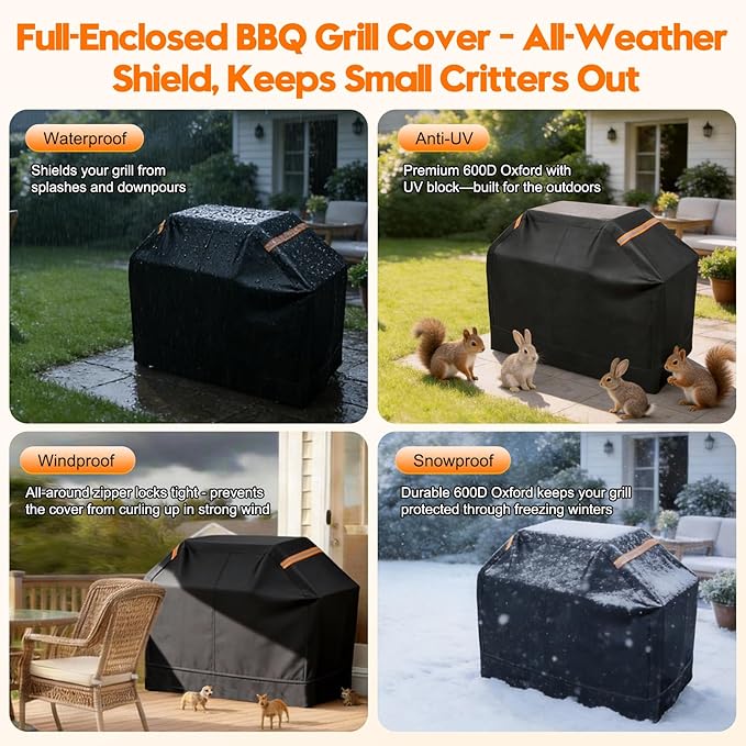 Patented Fully Enclosed Grill Covers for Outdoor Grill 2-in-1 Heavy Duty Barbecue Grill Cover 600D Waterproof Animal-Proof BBQ Cover Outside Fits Weber (52 Inch Full Enclosed Grill Covers 2-in-1)