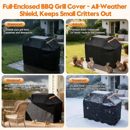 Patented Fully Enclosed Grill Covers for Outdoor Grill 2-in-1 Heavy Duty Barbecue Grill Cover 600D Waterproof Animal-Proof BBQ Cover Outside Fits Weber (52 Inch Full Enclosed Grill Covers 2-in-1)