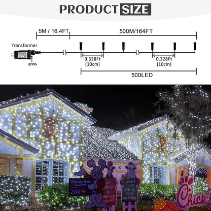 kemooie 500 LED Christmas String Lights, 164FT 8 Lighting Mode with Memory Plug in Green Wire Waterproof Lights, for Outdoor Indoor Birthday Christmas Wedding Party Garden Balcony Decorations (White)