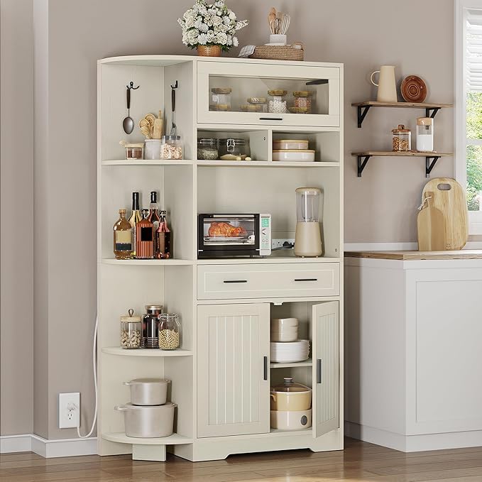 DWVO 67" Farmhouse Baker Rack with Power Outlets & Microwave Stand, White | Buffet Sideboard Cupboard Hutch with Drawer for Kitchen, Living Room, and Dining Room