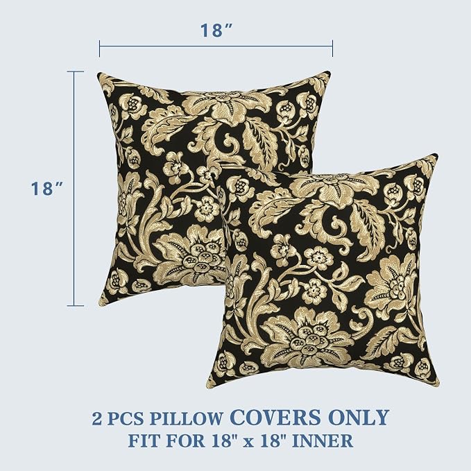LVTXIII 2 Pack Outdoor Pillow Covers ONLY 18x18 Inch, Water-Repellent Square Decorative Cushion Covers for Patio Furniture, Garden, Sofa, Jacobean Black