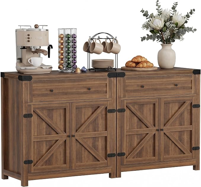 YESHOMY Kitchen Storage Cabinet, Coffee Bar Cabinet, Farmhouse Sideboard Buffet with Storage, Barn Door Accent Cabinet with a Drawer and Adjustable Shelf for Dining Room, Entryway, Rustic Brown, 2 PCS
