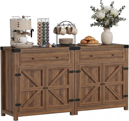 YESHOMY Kitchen Storage Cabinet, Coffee Bar Cabinet, Farmhouse Sideboard Buffet with Storage, Barn Door Accent Cabinet with a Drawer and Adjustable Shelf for Dining Room, Entryway, Rustic Brown, 2 PCS