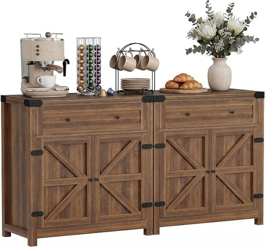YESHOMY Kitchen Storage Cabinet, Coffee Bar Cabinet, Farmhouse Sideboard Buffet with Storage, Barn Door Accent Cabinet with a Drawer and Adjustable Shelf for Dining Room, Entryway, Rustic Brown, 2 PCS