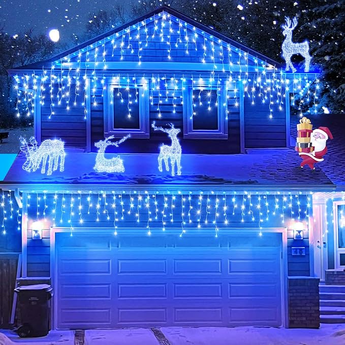 66FT Icicle Lights for Outside 640 LED Blue and White Christmas Lights | Connectable Icicle Christmas Lights Outdoor Waterproof, Plug in 8 Modes with 120 Drops for House Party Wedding Decoration