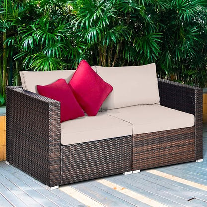 Tangkula Wicker Loveseat 2 Piece, Patio Furniture Couch with Removable Cushions, Rattan Loveseat Sofa for Balcony, Deck, Garden and Poolside