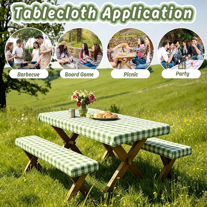 AnyDesign Sage Green Plaid Picnic Table Cover with Bench Cover Green Gingham Waterproof Elastic Fitted Camping Tablecloth for 6Ft Rectangle Table Outdoor Decor
