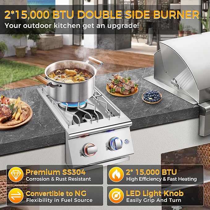 Grilling Side Burners for Outdoor Kitchen, 2 * 18,000BTU Liquid Propane Side Burner,Convertible to Natural Gas, Duty Heavy 304 Stainless Steel, Double Burner for BBQ Island Grill, Black