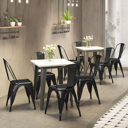 COSTWAY Stackable Metal Dining Chairs Set of 4 with Back, Indoor & Outdoor | Black, Industrial Vintage Style, Breathable Seat, High Backrest, for Dining Room, Kitchen, Bar, Cafe, Bistro, Restaurant