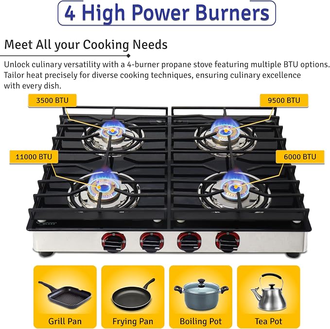 4 Burner Gas Stove Top, 25" Black Tempered Glass Countertop Stove | Stainless Steel 4 Burner Cooktop Burners RV Stove for Cooking Range Gas with Hose & Regulator to Connect Propane Cooktop